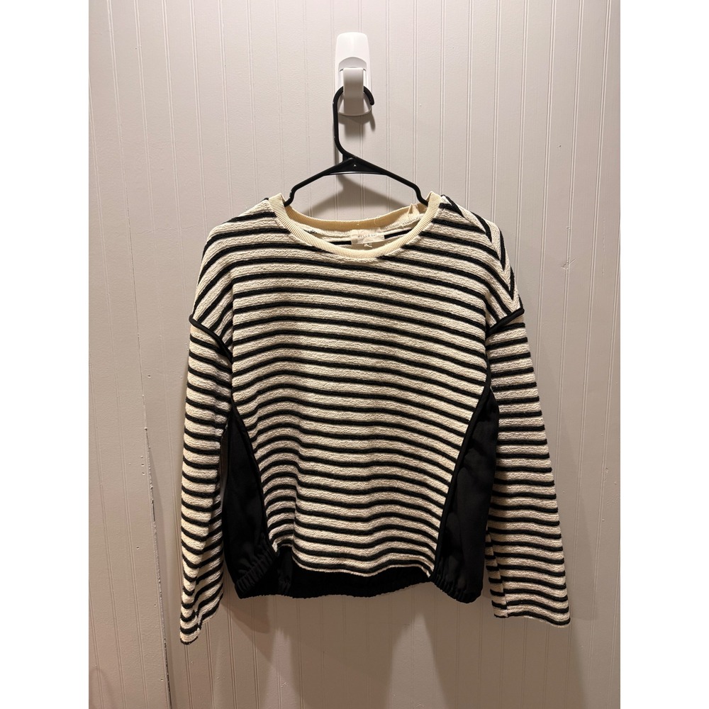 Mello Day Women Striped Mixed Media Long Sleeve Top Black Cream Size M‎